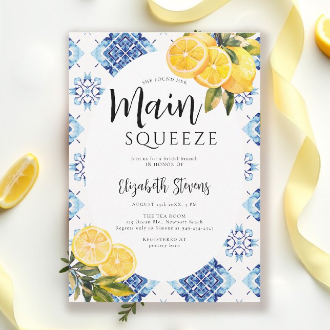 Hauptpresse Lemon Blue Tiles Bright Brautparty Einladung (main squeeze bridal shower lemon theme mediterranean italian summer blue tile invitation)