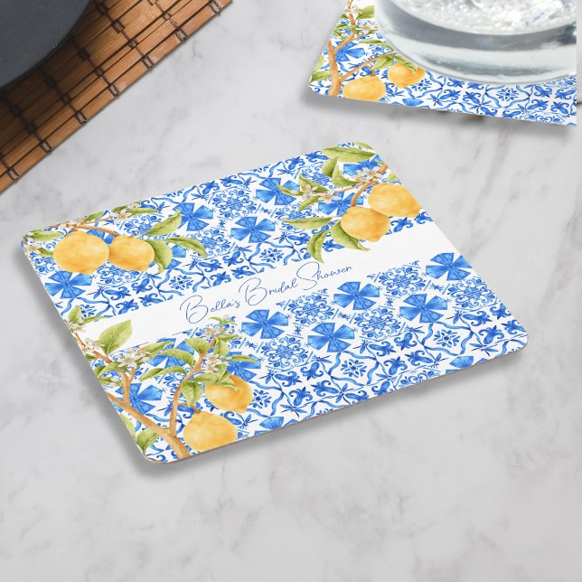 Hauptpresse Mittelmeer Tiles Lemons Bridal Rechteckiger Pappuntersetzer (Main squeeze personalized coasters bridal shower)