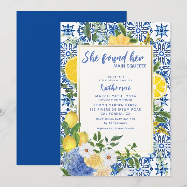 Hauptpresse Mittelmeer Zitronen Brautparty Einladung (Vorne/Hinten)
