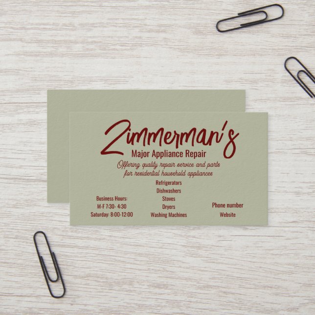 Hauptreparaturkarte von Geräten Visitenkarte (Vorderseite/Rückseite Beispiel)