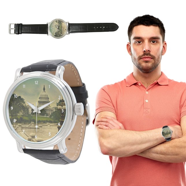 Hauptstadt der Vereinten Staaten von Bibliothekssc Armbanduhr (United States Capitol from Library Steps Date 1898 Watch)