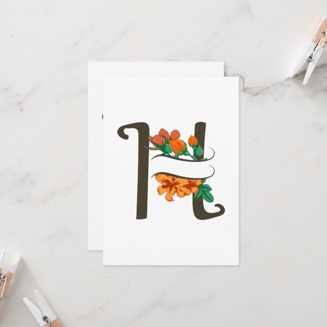 Hauptstadt H florale Monogramm Einladung (Vorderseite/Rückseite Beispiel)