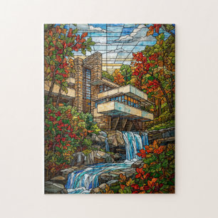 Haus am Wasserfall mit Glasmalerei im Herbst Puzzle