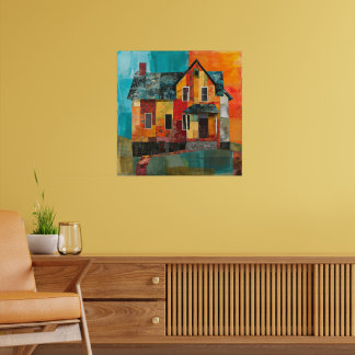 Haus aus einer Collage von Stücken und Texturen Poster