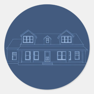 Haus: Blue Print Zeichnend: Runder Aufkleber