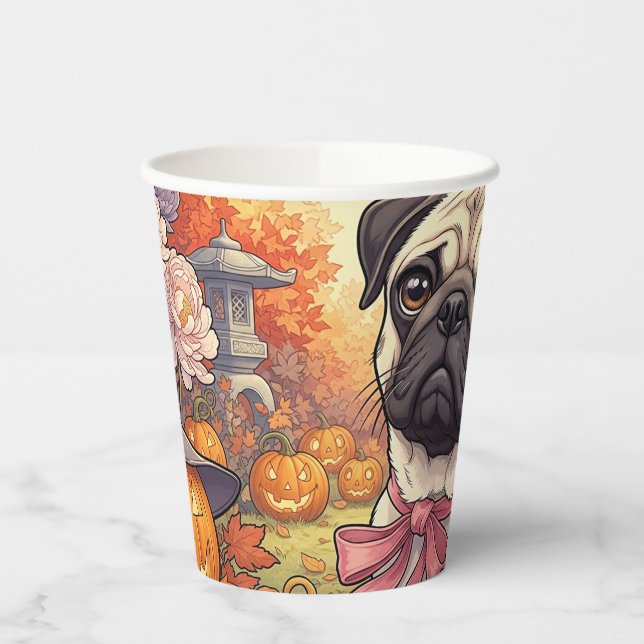Haus des Mops Hund & Halloween, Herbst, Art Nuovo Pappbecher (Links)