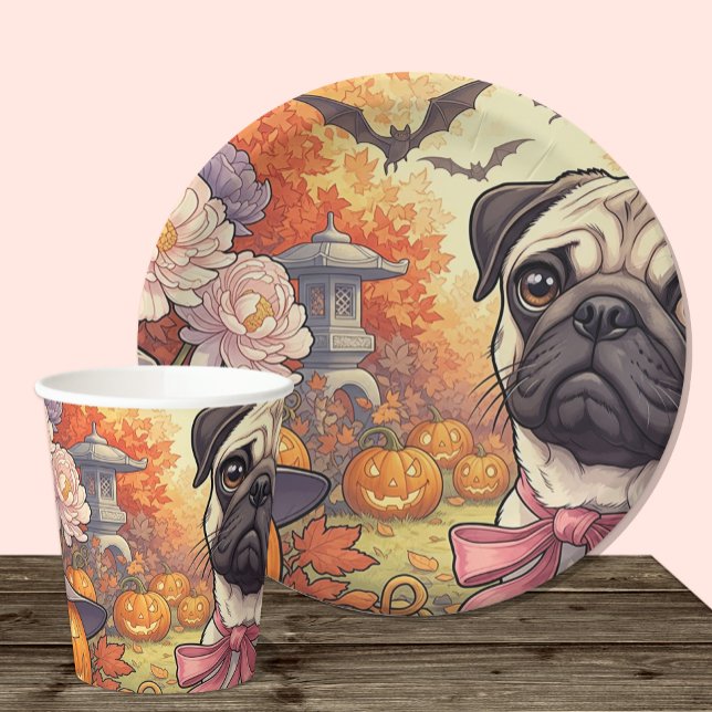 Haus des Mops Hund & Halloween, Herbst, Art Nuovo Pappteller (Von Creator hochgeladen)
