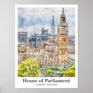 Haus des Parlaments London Aquarell Handgezeichnet Poster