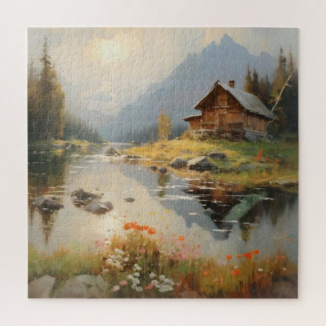 Haus Fluss Landschaft Puzzle (Vertikal)