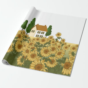 Haus, hohe Bäume und ein Feld von Sonnenblumen in Geschenkpapier