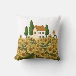 Haus, hohe Bäume und ein Feld von Sonnenblumen in Kissen