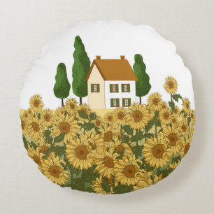 Haus, hohe Bäume und ein Feld von Sonnenblumen in Rundes Kissen