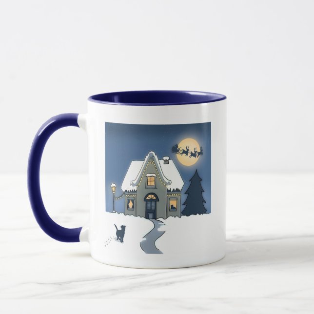 Haus in Snowy Night mit Katze und Santa Tasse (Links)