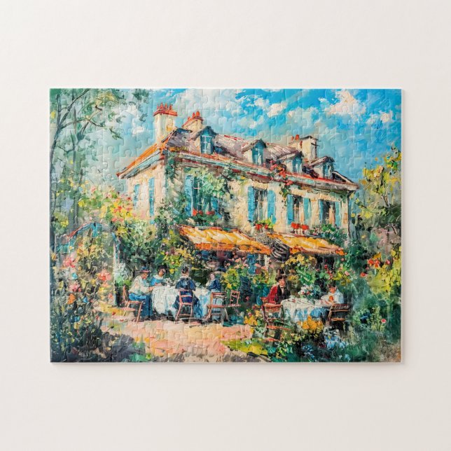 Haus mit Gartentischen und Personen Puzzle (Horizontal)