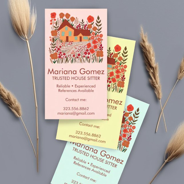 Haus Sitzen Garten Bauernhof Maßgeschneidert Visitenkarte (Custom house sitting business card with cute illustration of house and garden)