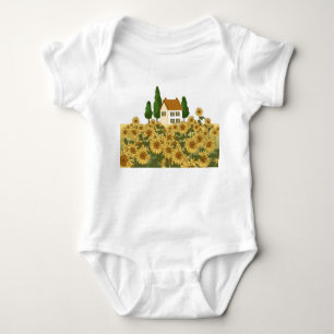 Haus Sonnenblumen Feld Vintage-Illustration Baby Strampler