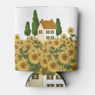 Haus Sonnenblumen Feld Vintage-Illustration Dosenkühler