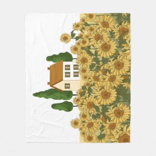Haus Sonnenblumen Feld Vintage Illustration Fleecedecke