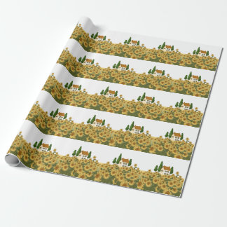 Haus Sonnenblumen Feld Vintage Illustration Geschenkpapier