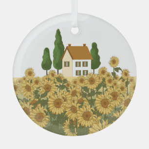 Haus Sonnenblumen Feld Vintage Illustration Ornament Aus Glas