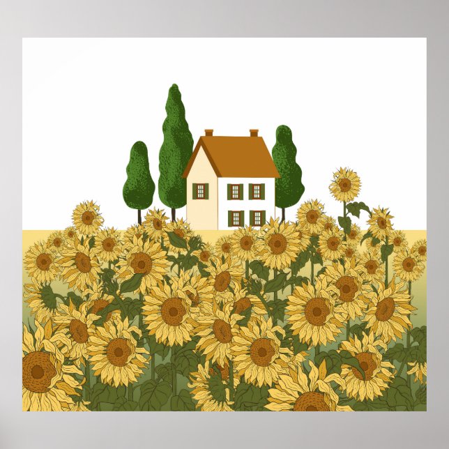 Haus Sonnenblumen Feld Vintage Illustration Poster (Vorne)