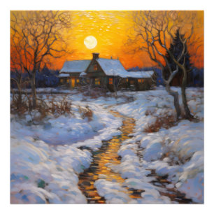 Haus Sonnenuntergang Winterlandschaft Fotodruck