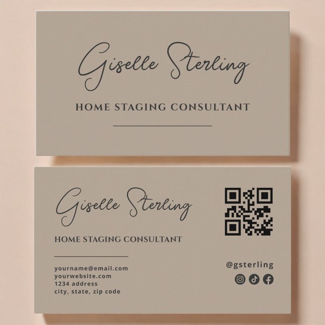 Haus-Staging Neutral-Taupe-Script-QR-Code Visitenkarte (Von Creator hochgeladen)