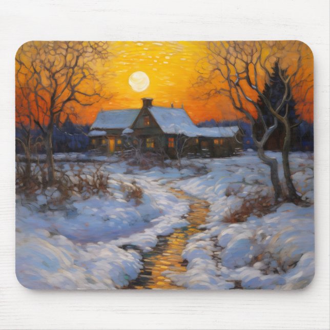 Haus Sunset Winter Landschaft Mousepad (Vorne)