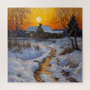 Haus Sunset Winter Landschaft Puzzle