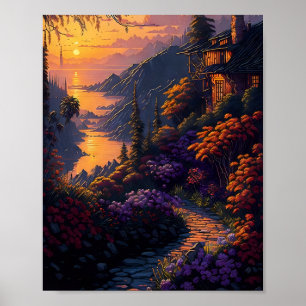 Haus umgeben von Blume und Bergen Poster