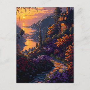 Haus umgeben von Blume und Bergen Postkarte