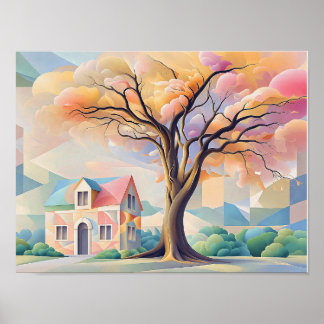 Haus und Baum in Art Deco-Pastellfarben Poster