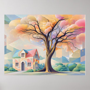 Haus und Baum in Art Deco-Pastellfarben Poster