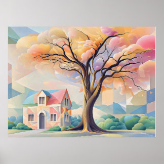 Haus und Baum in Art Deco-Pastellfarben Poster