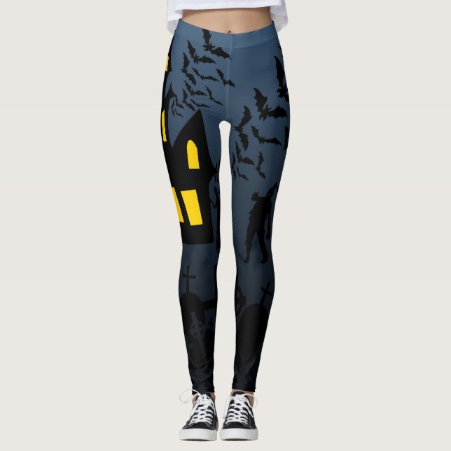 Haus-Zombie-Collage Halloweens Spuk Leggings (Vorderseite)