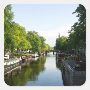 Hausboote auf Amsterdamer Kanal Quadratischer Aufkleber