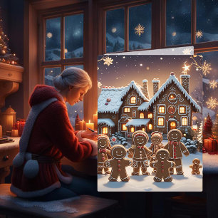 Häuschen aus Lebkuchen und niedliche Lebkuchenfami Feiertagskarte