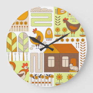Häuschen, Hühner, geometrisch zeichnend Blumen. Große Wanduhr