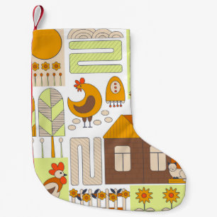 Häuschen, Hühner, geometrisch zeichnend Blumen. Kleiner Weihnachtsstrumpf