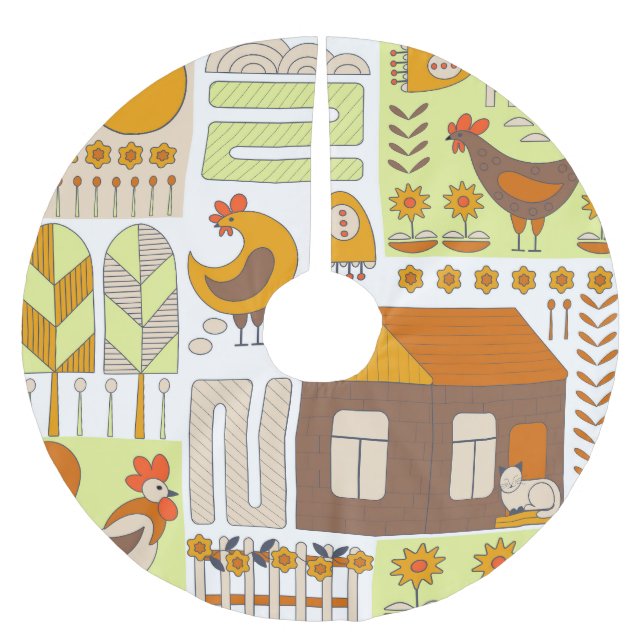 Häuschen, Hühner, geometrisch zeichnend Blumen. Polyester Weihnachtsbaumdecke (Vorderseite)