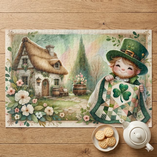 Häuschen Kobold Patchwork-Quilt Szene Puzzle (Cottage Leprechaun Patchwork Quilt Scene Jigsaw Puzzle)