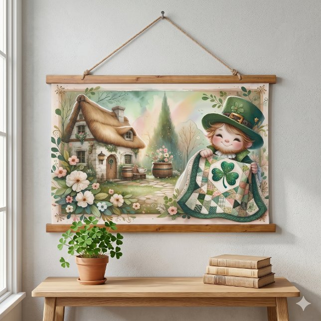Häuschen Kobold Patchwork Quilt Szene Wandteppich Mit Holzrahmen (Cottage Leprechaun Patchwork Quilt Scene Hanging Tapestry)