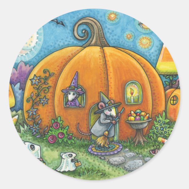 HÄUSER, TRICK ODER LECKEREIEN, HALLOWECKER RUNDER AUFKLEBER (Vorderseite)