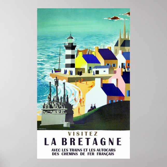 Häuser und Leuchtturm an der Küste der Bretagne, F Poster (Vorne)