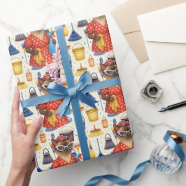 Hausfrau Katze reinigt das Haus Geschenkpapier