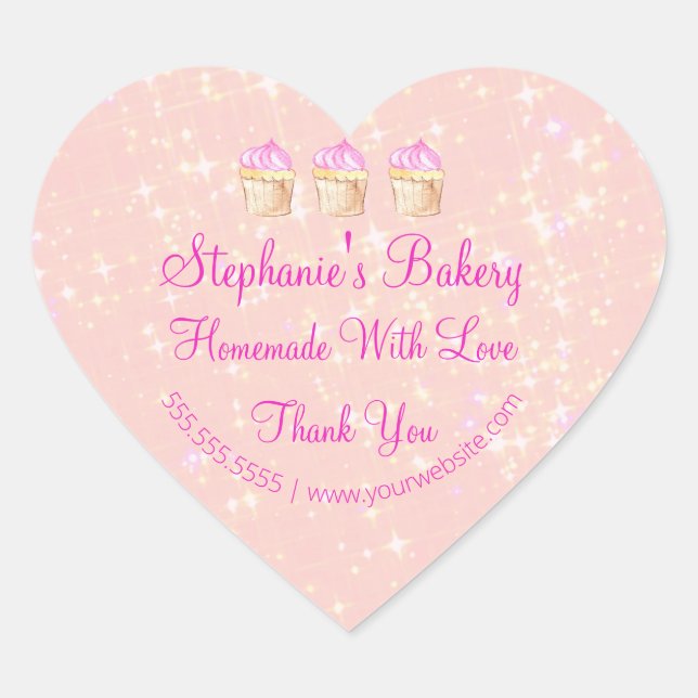 Hausgemacht mit Liebe| Cup Cake Bakery Pink Glitze Herz-Aufkleber (Vorderseite)