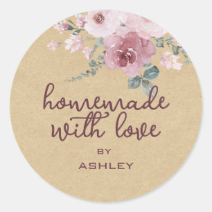 Hausgemacht mit Liebe floral Rose Kraft Paper Gift Runder Aufkleber