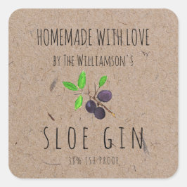 Hausgemacht mit Liebe Sloe Gin Kraft Papier Quadratischer Aufkleber