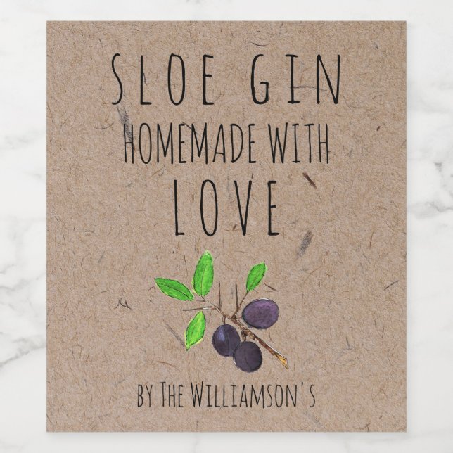 Hausgemacht mit Liebe Sloe Gin Kraft Papier Weinetikett (Einzelnes Label)