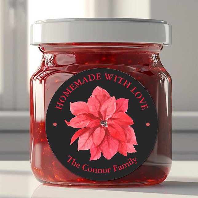 hausgemacht mit Liebe Weihnachtsblume Runder Aufkleber (Homemade With Love Christmas Poinsettia 3" Round Black Stickers)